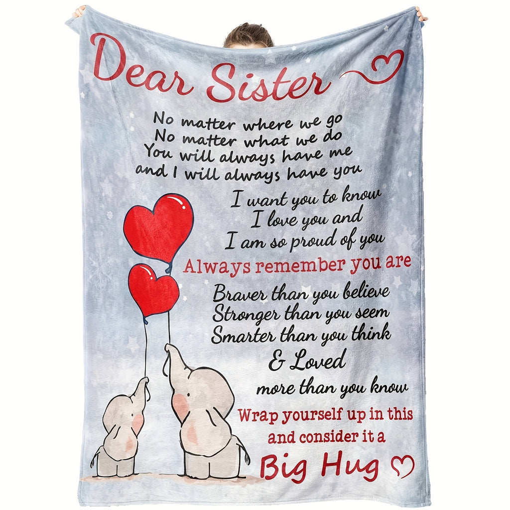 1pc Flannel Blanket Featuring Dear Sister Message with Cute Elephants and Heart Balloons. Expressing Love and Pride, This Valentine's Day Blanket Is Perfect for Cozying up and Feeling Cherished.