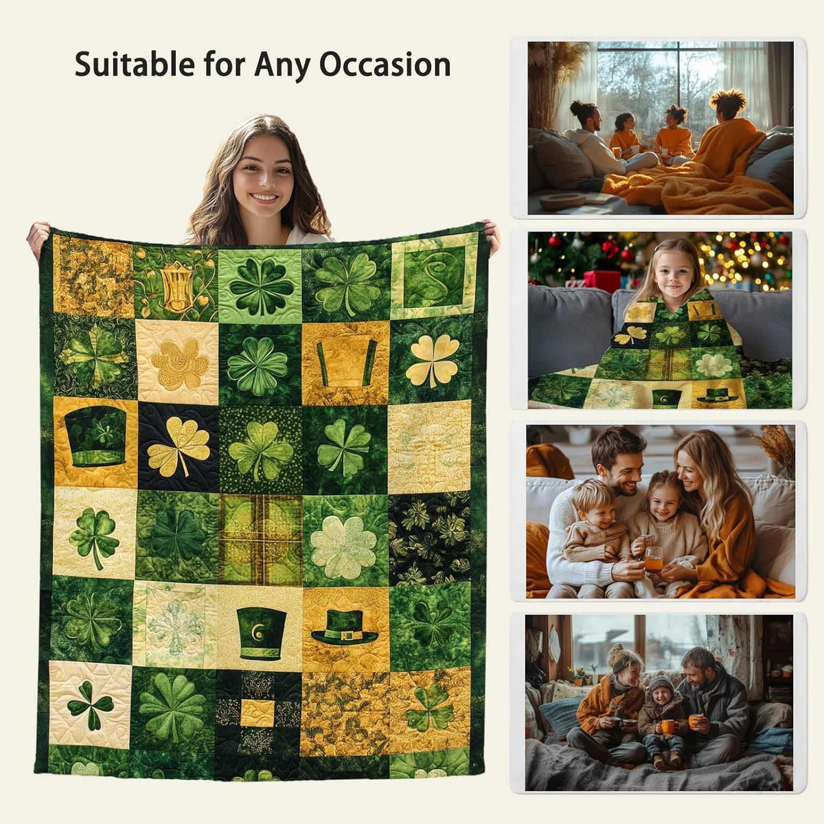 Classic Irish Shamrock Quilt Cover, Clover Patchwork Throw for St. Patrick'S Day, Comfortable And Warm Blanket for Living Room, Couch, Or Bedroom, Cheerful Green Decoration for All, 40X50 Inches