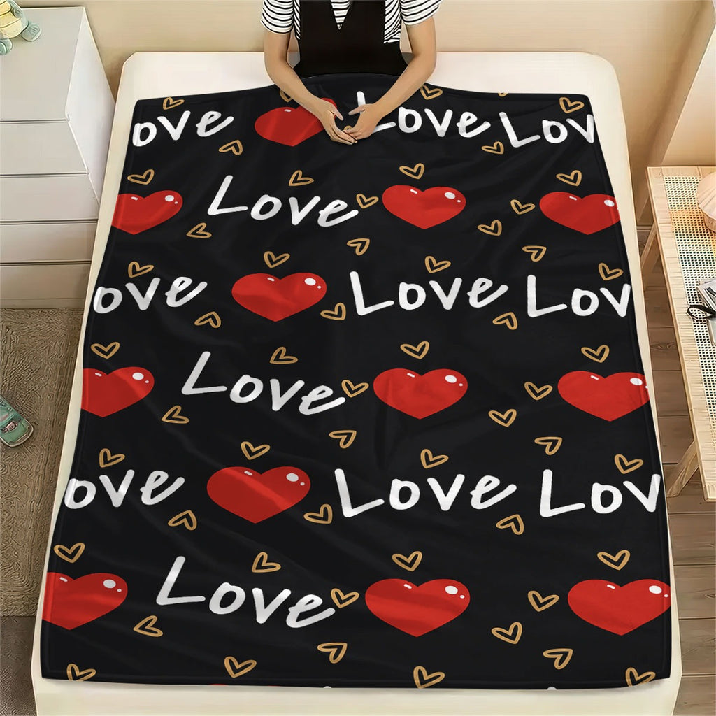 1pc Love Print Flannel Blanket | Soft Warm All-Season Quilted Throw with Red Hearts & Love Lettering, Plush Polyester Bedspread for Napping, Camping, Travel, Home Decor - Ideal Valentine'S Day Gift, Cozy Bedding, Romantic Theme