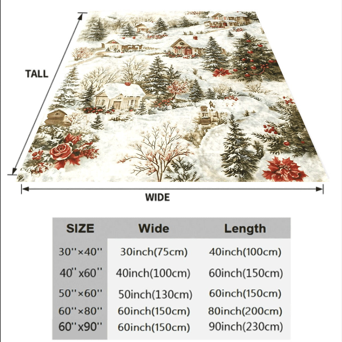 1pc Christmas Winter Village Flannel Blanket Snowy Cottages Trees Poinsettias Holiday Print Cozy Soft Fleece Throw for Couch All-Season Warm
