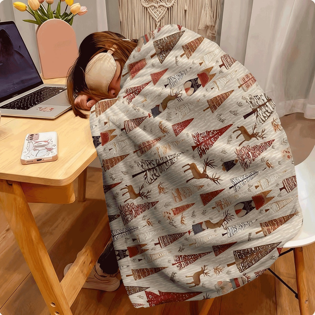 1pc Flannel Blanket Festive Christmas Winter Forest Pattern Soft Warm Throw, with Colorful Christmas Trees & Deer Snowman for Christmas Holiday Home Decor