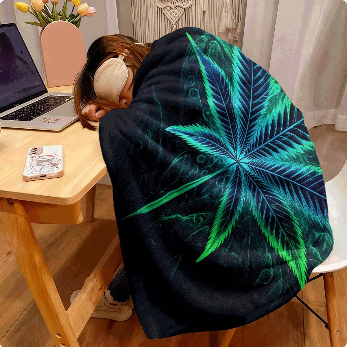 1pc Luminous Leaf Flannel Blanket Dark Background with Glowing Blue & Green Leaf Design Cozy Soft Throw for Couch All-Season Warm Fabric Blanket