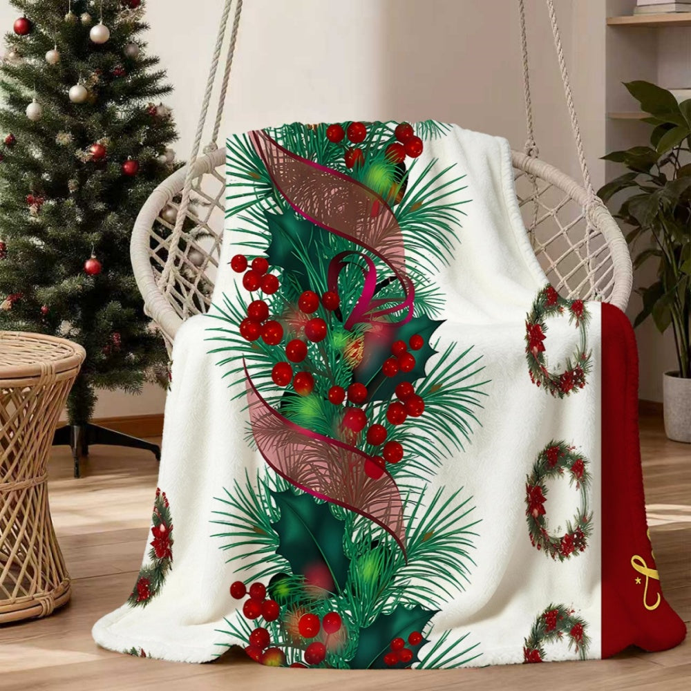 Christmas Festive Red Berries And Pine Bough Wreath Pattern Flannel Blanket, Soft Comfortable Warm, White Background Design, Durable Plush Surface, All-Season Sofa Blanket, Warm Cover, Multiple Sizes Available, Suitable for Living Room Sofa