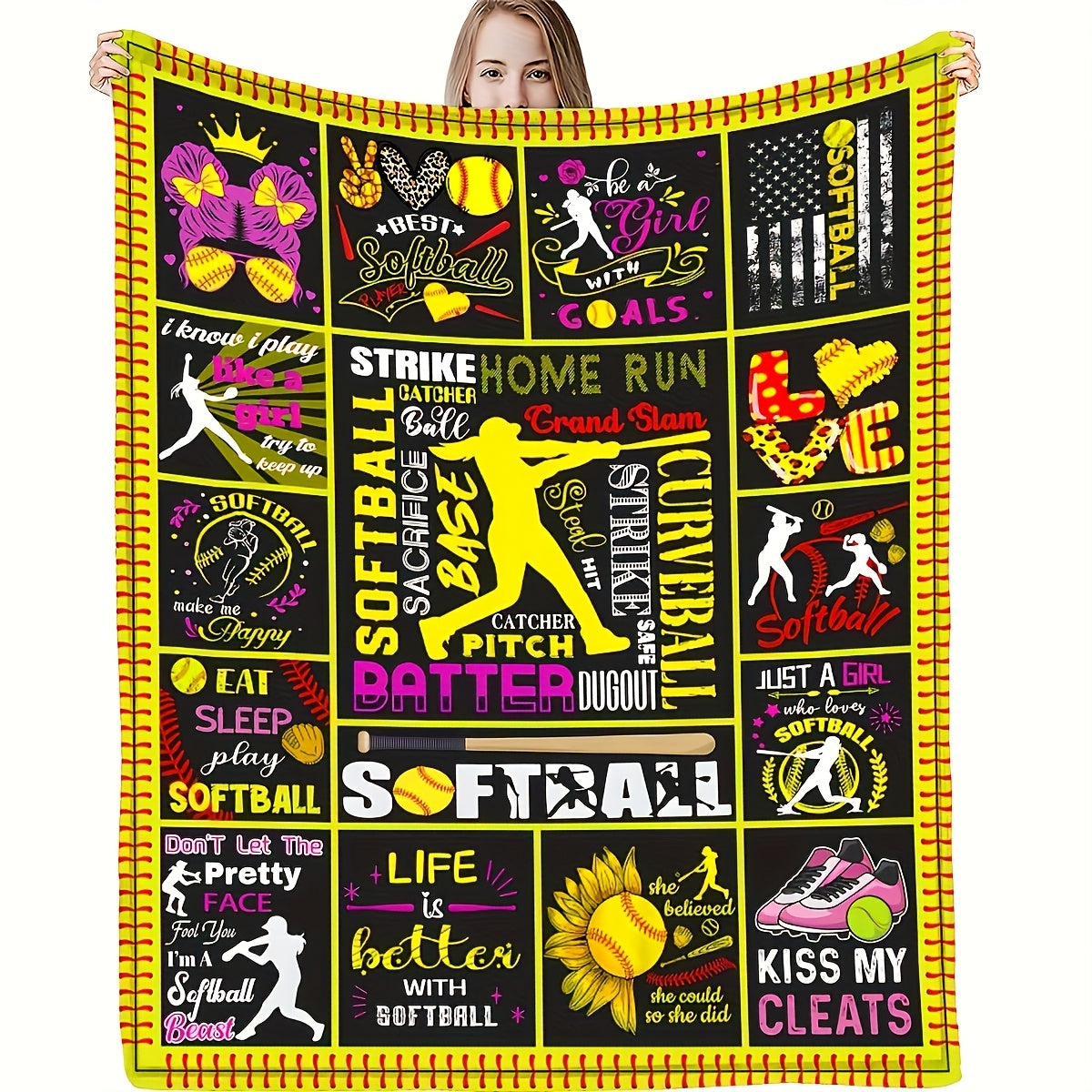 1pc Ultra-Soft & Warm Reversible Flannel Softball Blanket - Cozy Throw for Softball Fans, Perfect Gift for Girls, Boys & Adults - Vibrant Champagne with Playful Softball Designs, Sports Fan Gift | Reversible Blanket | Flannel Fabric