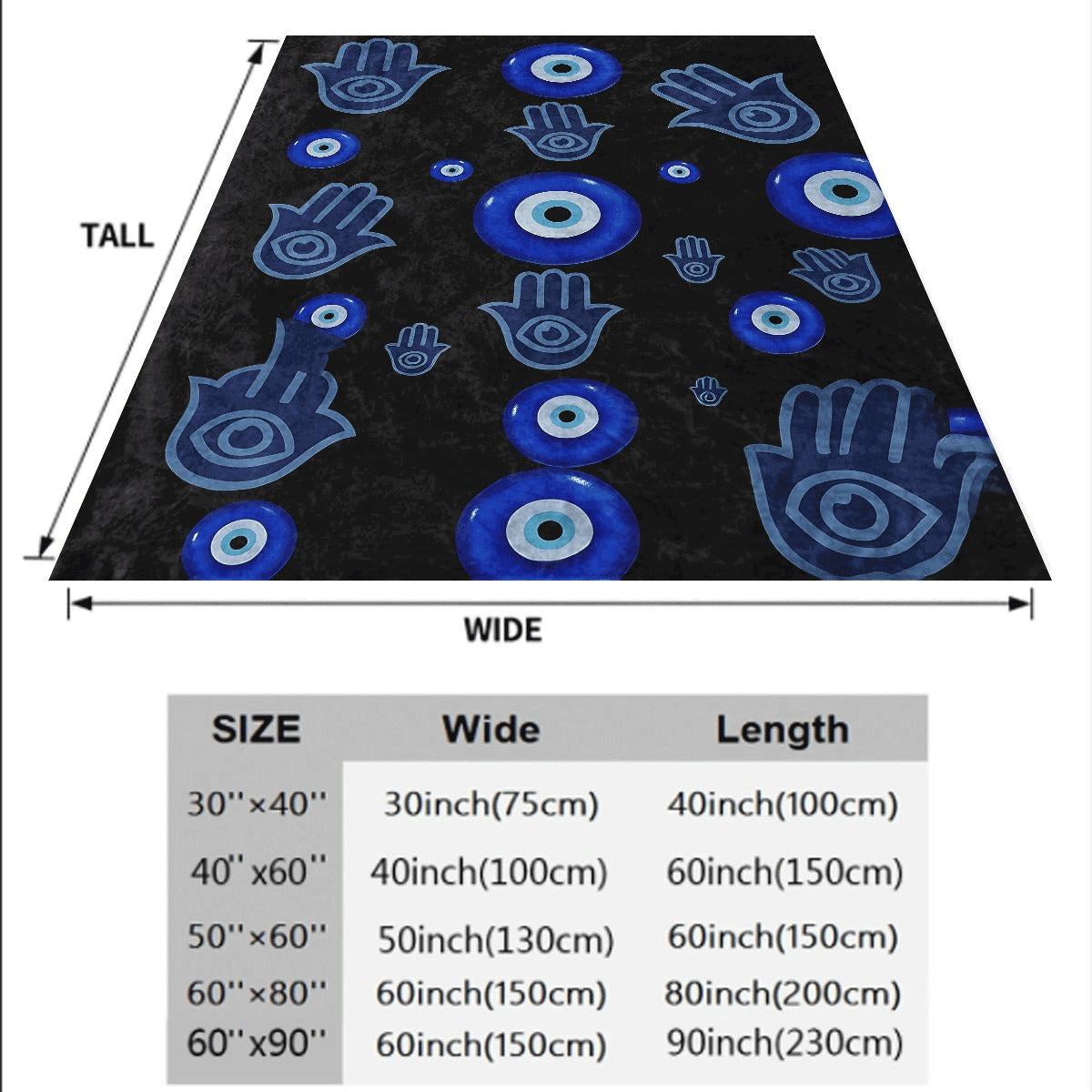 1pc Soft Flannel Throw Blanket Black Background with Blue Hamsa Hand And Evil Eye Pattern Cozy Warm Decorative Blanket for Sofa All-Season Comfort Machine Washable
