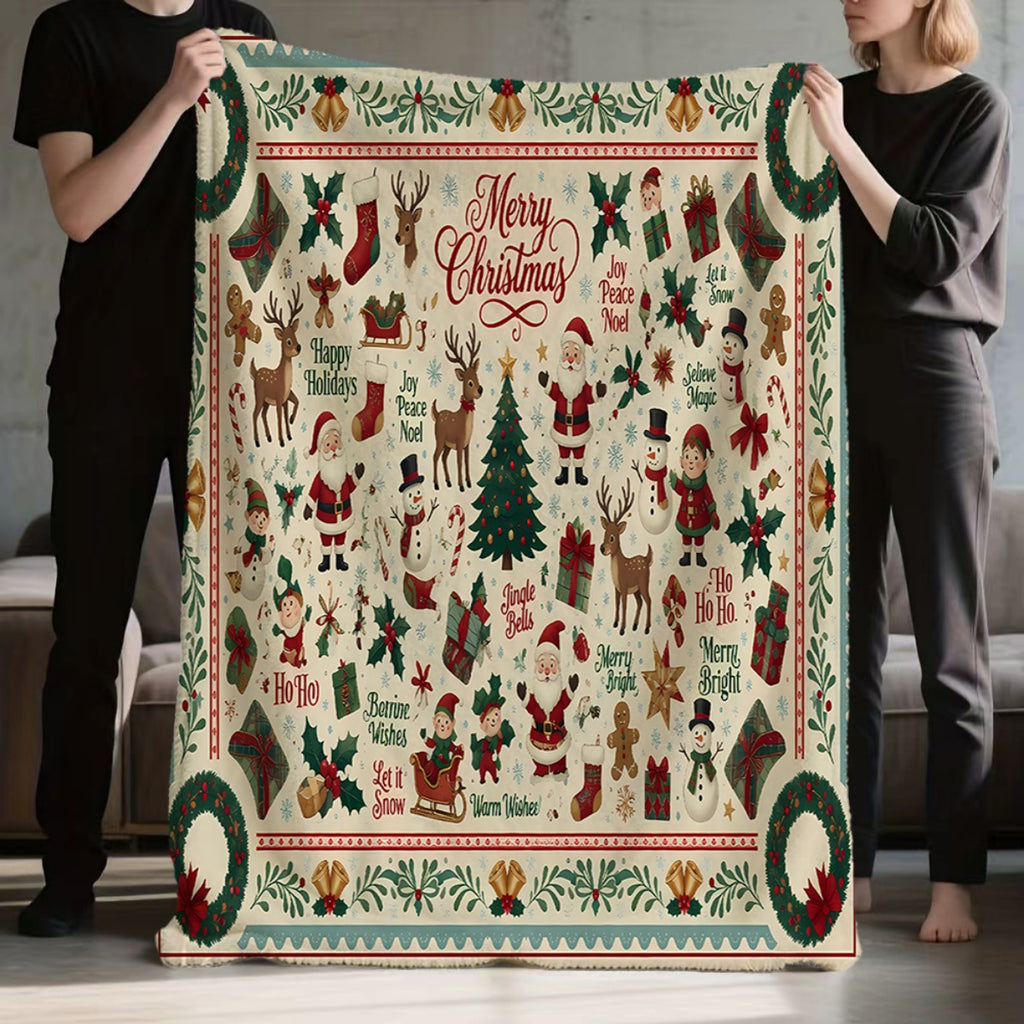 1pc, Santa And Reindeer Pattern Christmas Theme Flannel Blanket, Soft Comfortable Warm, Beige And Red Design, Durable Plush, All-Season Sofa Blanket, Warm Cover, Multiple Sizes Available, Suitable for Living Room Sofa, Bedroom, Reading Corner