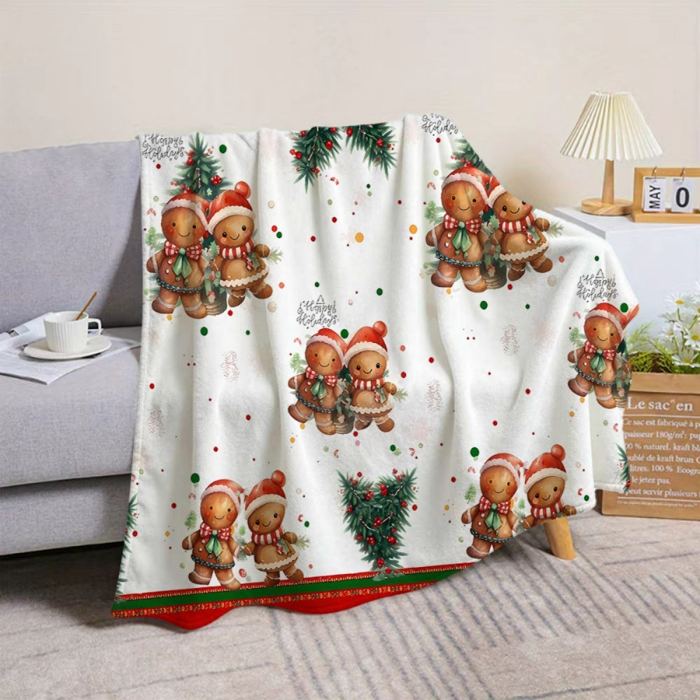 1pc, 1 Christmas Gingerbread for Man with Pine Branch Pattern White Flannel Blanket, Soft, Comfortable, and Warm, Festive Design, Durable Plush Surface, All-season Universal Sofa Blanket, Thermal Throw Blanket, Multiple Sizes Available