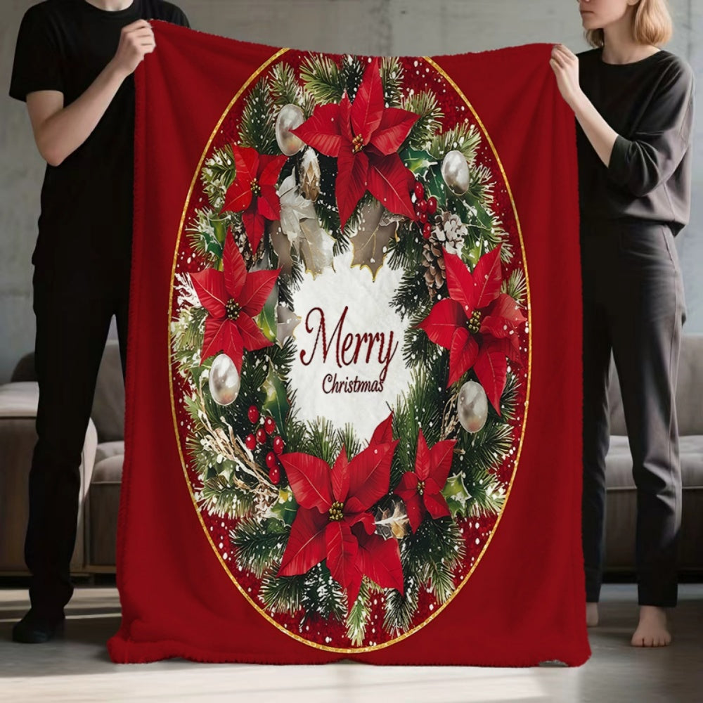 1pc, 1 Christmas Wreath-themed Red Flannel Blanket, Soft, Comfortable, and Warm, with a Festive Design and Durable Plush Surface. A Four-season Universal Sofa Throw and Warm Cover Blanket, Available in Multiple Sizes. Suitable for Living Room Sofas