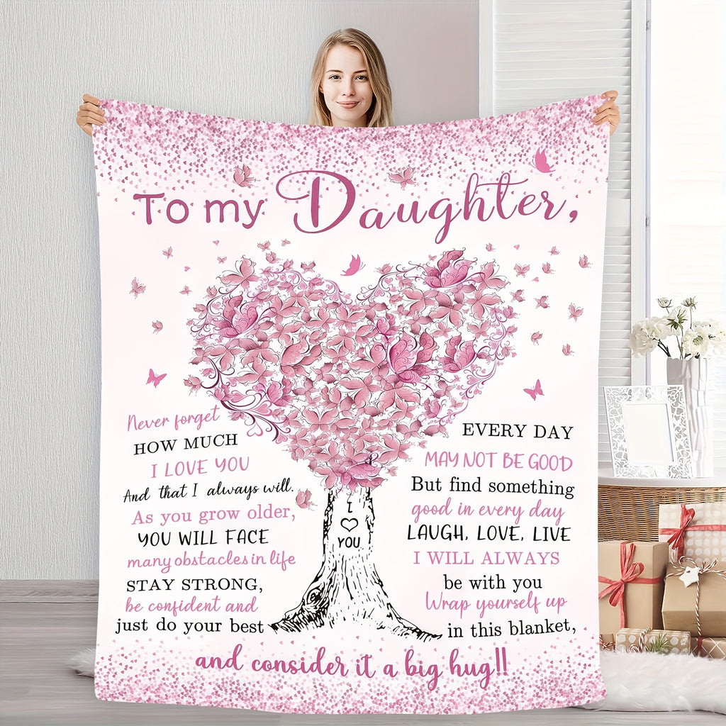 Pink Heart Tree Flannel Blanket- to My Daughter Quilt with Love& Support Message, Perfect Gift for Daughters, Machine Washable Polyester, All-Season Use, Everyday Comfort|Warmthful Gift|Durable Quilt