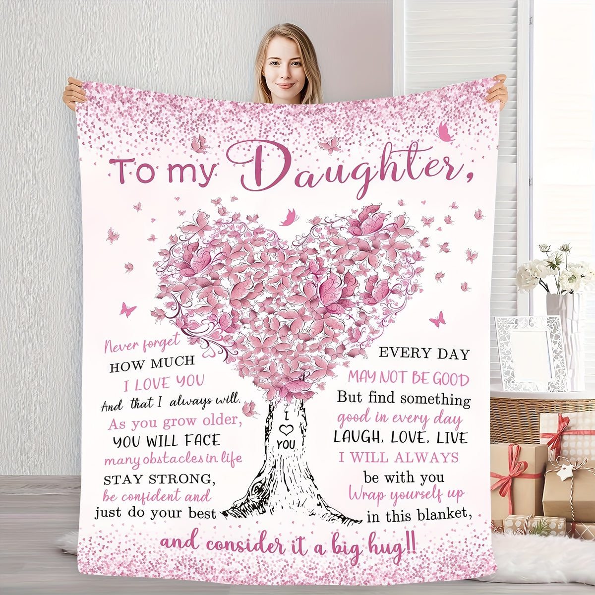 Pink Heart Tree Flannel Blanket- to My Daughter Quilt with Love& Support Message, Perfect Gift for Daughters, Machine Washable Polyester, All-Season Use, Everyday Comfort|Warmthful Gift|Durable Quilt