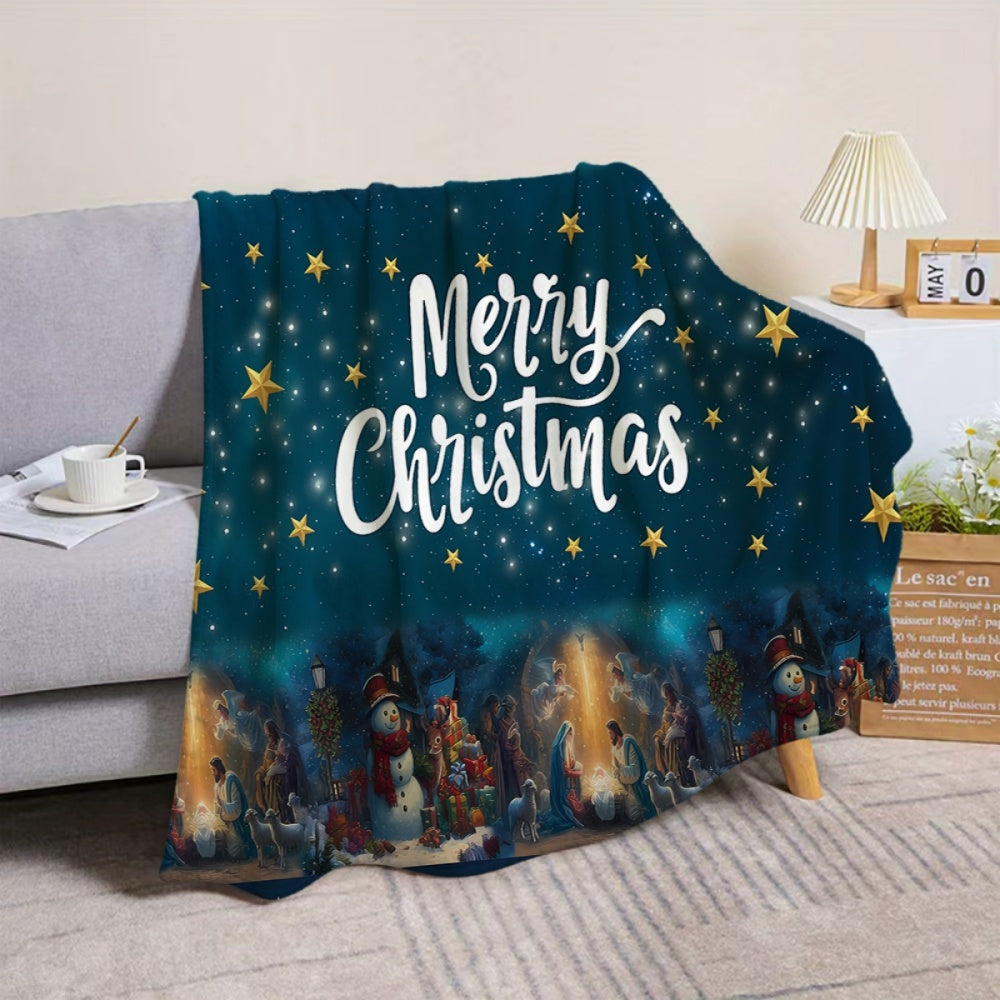 1pc Christmas Themed Flannel Blanket with Stars and Nativity Scene, Soft, Comfortable, and Warm, Deep Blue Starry Sky Design, Durable Plush Surface, All-Season Sofa Blanket, Warm Throw Blanket, Multiple Sizes Available, Suitable for Living Room