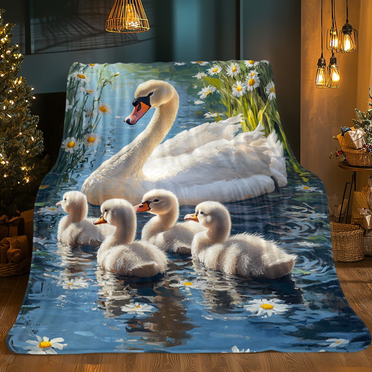 1pc 2D Flat Print Swan and Gosling Blanket, Soft Flannel Throw¡ªblue and White Design, Multiple Sizes Available, Suitable for Living Room, Bedroom, Sofa, Couch, and Reading Area, 2D Flat