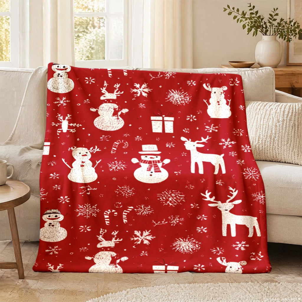 2D Flat Print 1pc, Red Christmas Snowman Reindeer Snowflake Pattern, Lightweight Flannel Hug Blanket, Light and Warm Soft Flannel, Universal in All Seasons, Suitable for Bedroom Cars, Friends Soft Flannel Blanket, Comfortable Flannel Blanket, 2D Flat