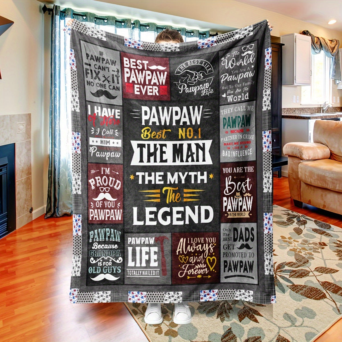 1pc Papaya Themed Throw Blanket - Contemporary Geometric Design - Year-Round Polyester Couch Blanket - Washable in Machine - Perfect Digital Print Gift for Grandkids to Present to Grandfather