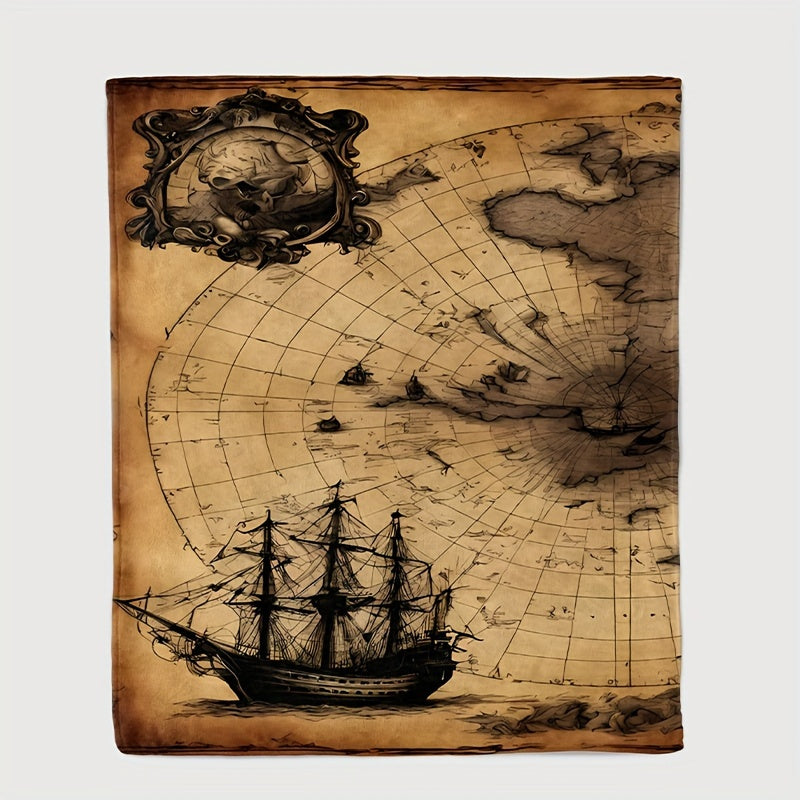 1pc Nautical Ship Map Pattern Flannel Blanket, Gift Blanket for Family and Friends, Nap Blanket, Throw Blanket, Multi-purpose Blanket for Sofa, Camping, and Travel