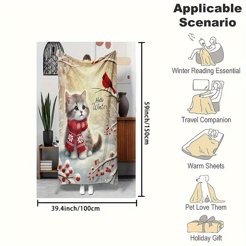 Hello Winter Cozy Flannel Throw Blanket Featuring a Cat And Cardinal Design, Soft And Warm for Use on a Couch,, Or in The Office - Suitable for All Seasons, Hypoallergenic, And Machine Washable