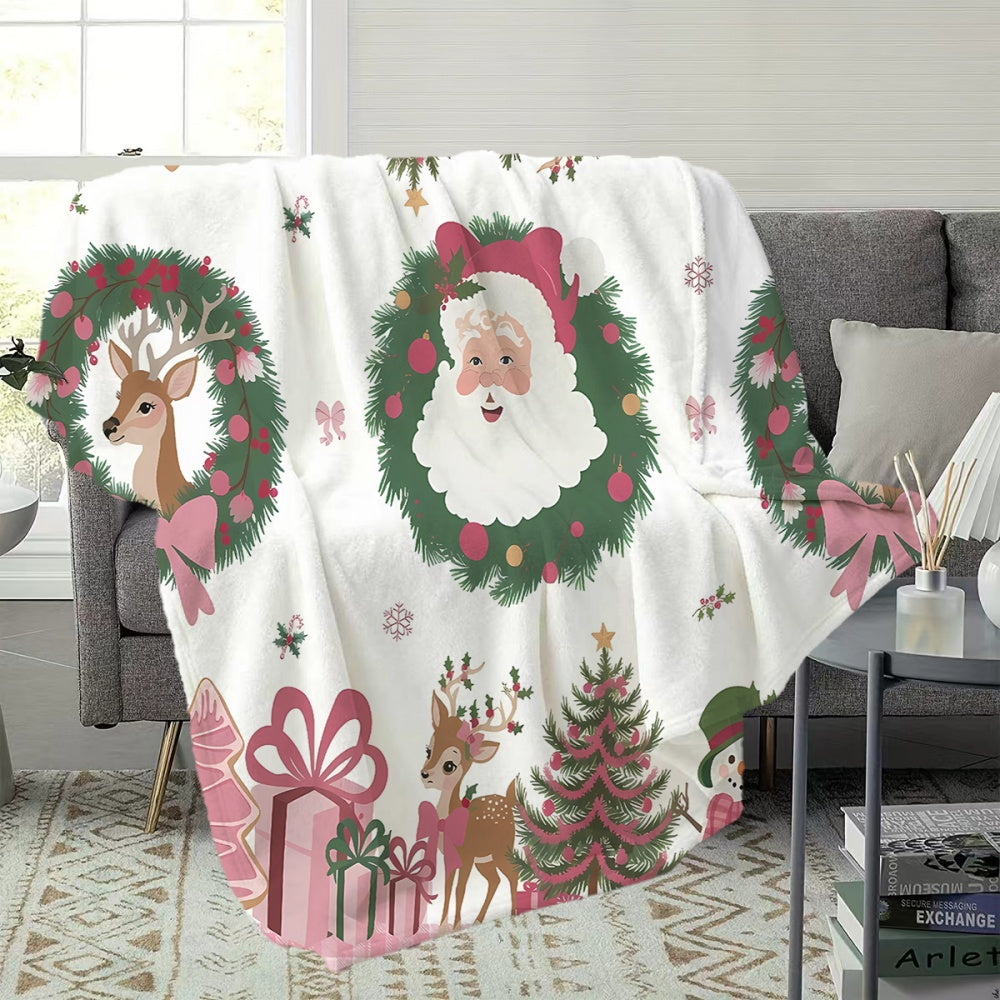 1pc Santa Claus And Reindeer Wreath Pattern Flannel Blanket, Soft Comfortable Warm, Pink And Green Design, All-Season Blanket, Warm Cover, Multiple Sizes Available, Suitable for Living Room Sofa, Bedroom, Reading Corner, Holiday Decor
