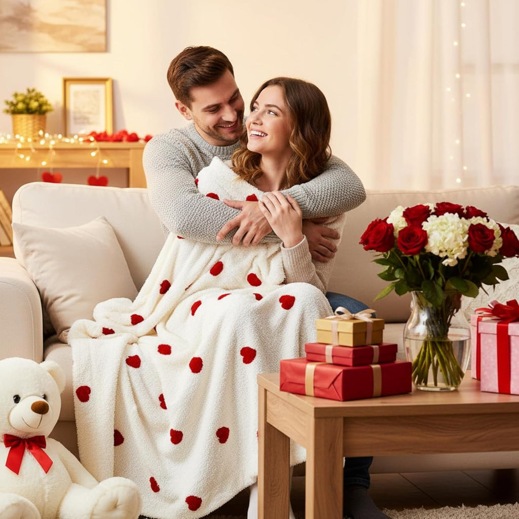 50 X 60 Inch Throw Blanket, Soft And Cozy, Fluffy Design, Perfect for Valentine'S Day. This Double-Layer Fuzzy Flannel Throw Is an Ideal Gift for Couples, Suitable for Bed, Couch, Sofa, And Living Room, Featuring a Red Heart Pattern