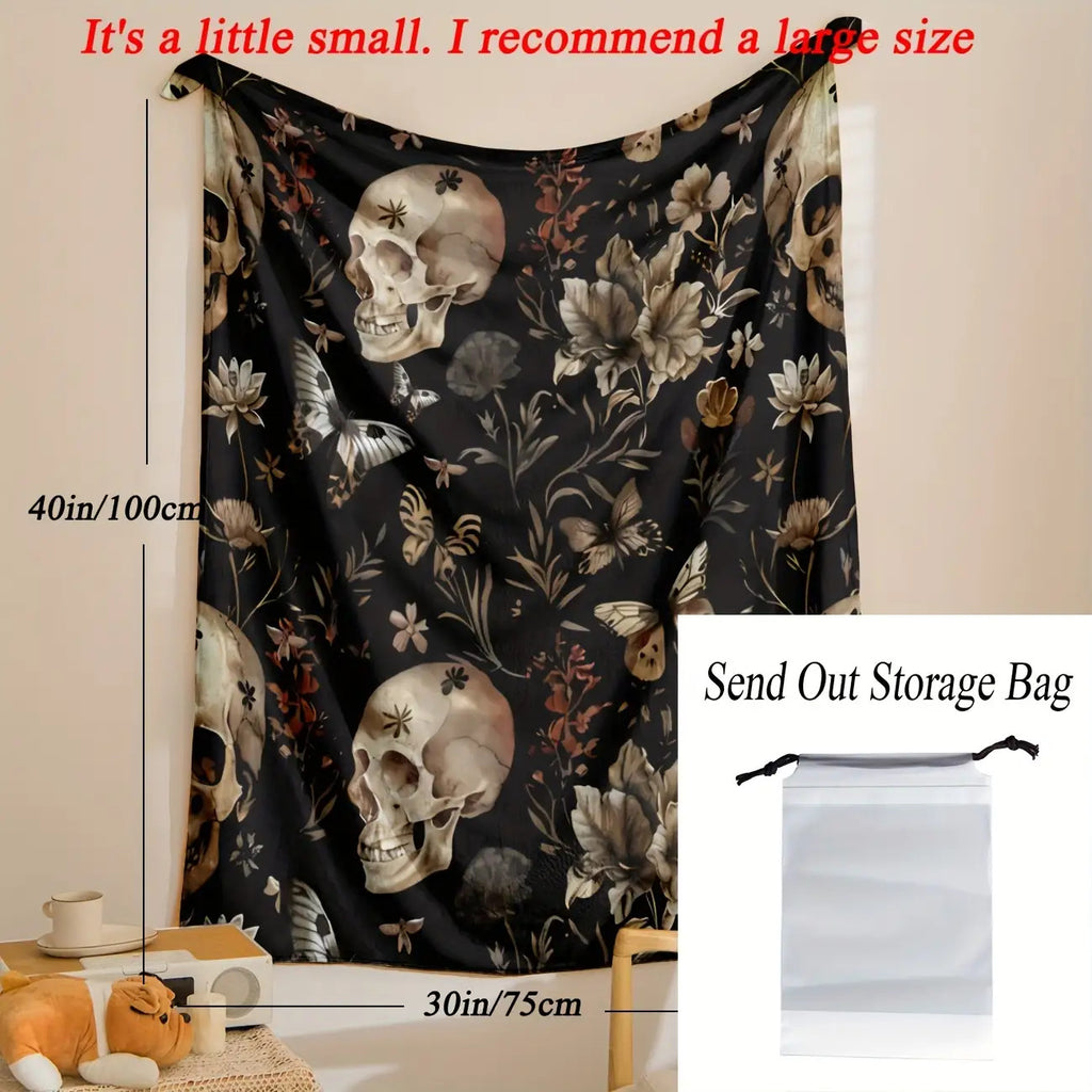 Skull& Floral Flannel Throw Blanket- Soft, Warm, and Cozy for Couch,, Travel, and Office- Versatile All-Season Gift