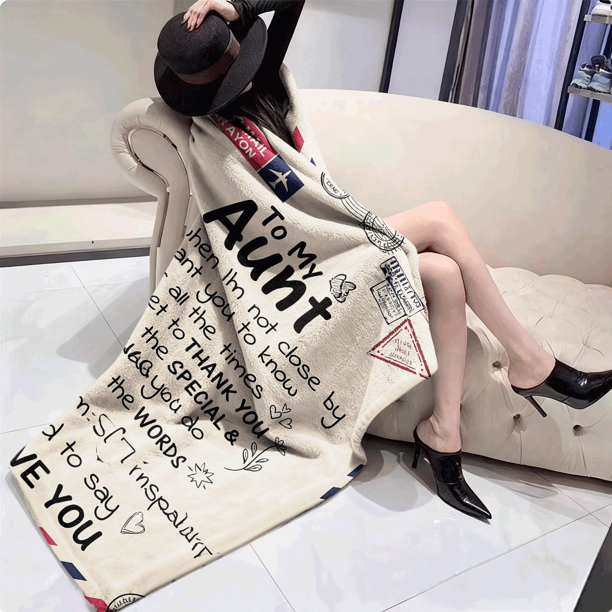 1pc Love Letter Blanket for Aunt Ultra-Soft Micro Fleece All-Season Cozy Throw with Heartfelt Message & Photo Postcard Insert 280gsm Heavyweight Spread or Couch Cover Machine Washable Gift Fo