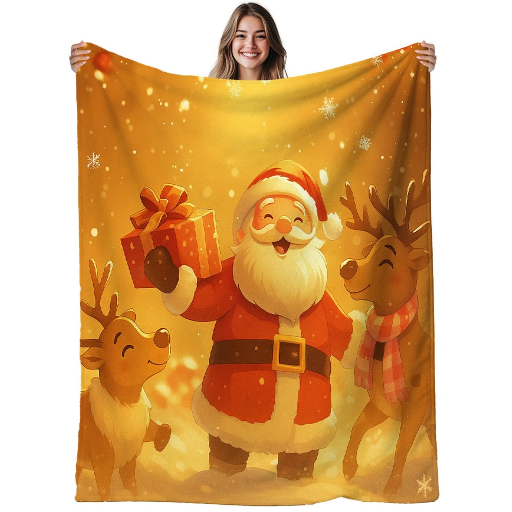 1pc Santa And Reindeer Flannel Blanket, Golden Warm-Toned Design, Durable Plush Warm Throw, Suitable for Office Nap, Weekend Sofa Relaxation, Seasonal Home Use
