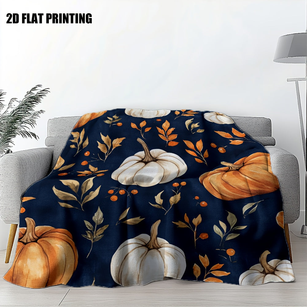 1pc Autumn Pumpkin And Fall Leaf Theme Flannel Blanket, Soft Comfortable Warm, Dark Blue Base Design, Durable Plush Surface, All-Season Bed Blanket, Warm Cover, Multiple Sizes Available, Suitable for Living Room Sofa, Bedroom Bedding