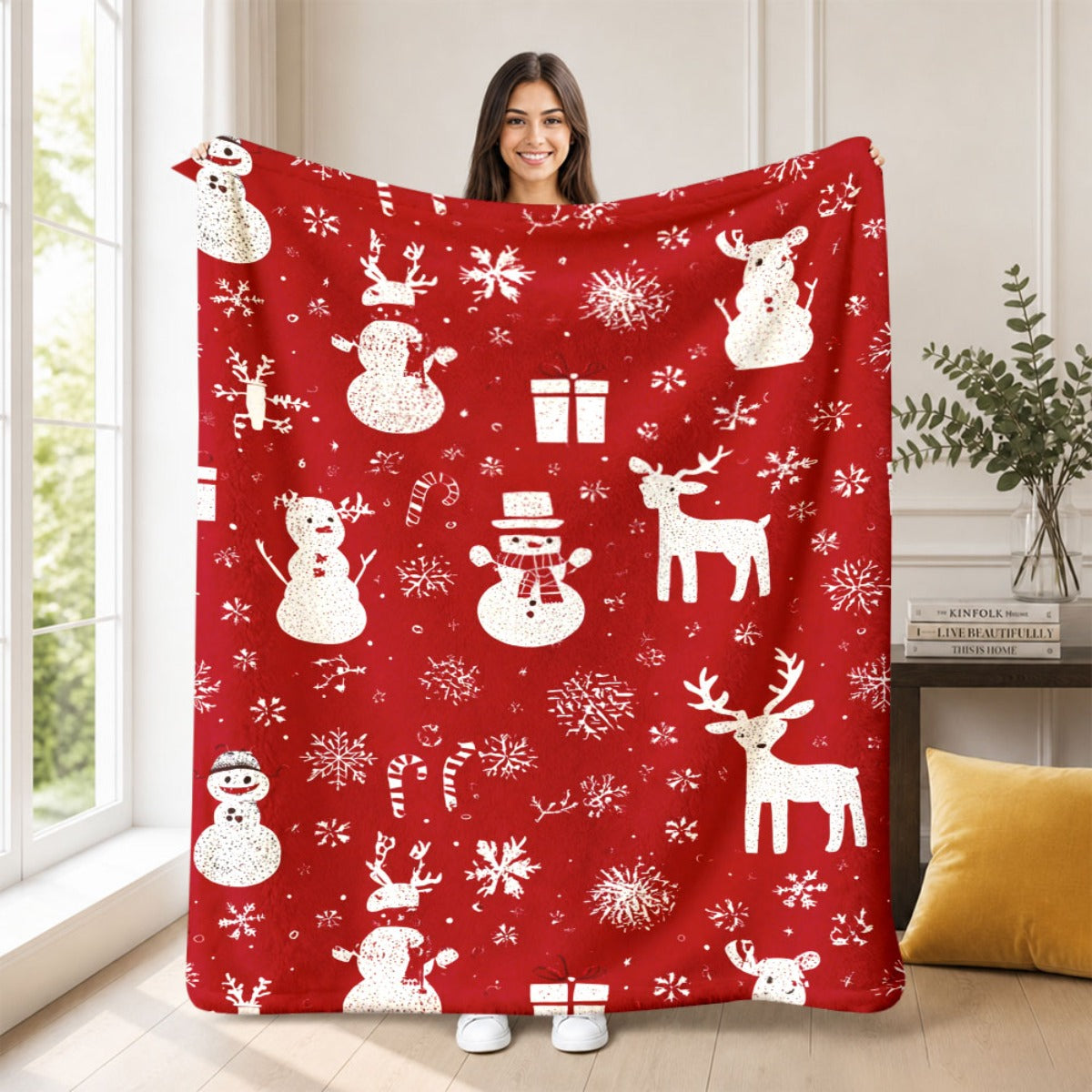 2D Flat Print 1pc, Red Christmas Snowman Reindeer Snowflake Pattern, Lightweight Flannel Hug Blanket, Light and Warm Soft Flannel, Universal in All Seasons, Suitable for Bedroom Cars, Friends Soft Flannel Blanket, Comfortable Flannel Blanket, 2D Flat