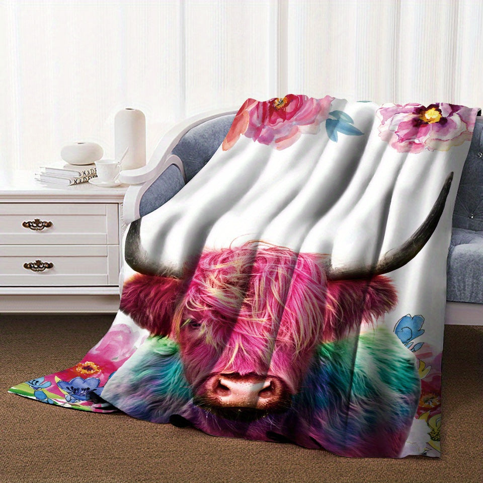 1pc 2D Flat-printed Colorful Cow and Floral Pattern Blanket, Soft Flannel Throw¡ªpink and Green Design, Multiple Sizes Available, Suitable for Living Room, Bedroom, Sofa, Balcony, and Outdoor Use, 2D Flat