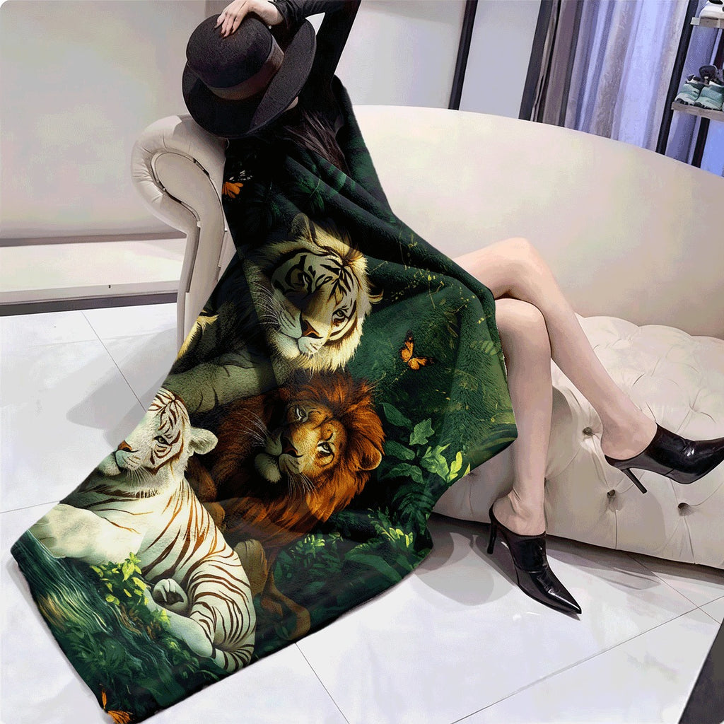 1pc Jungle Wildlife Flannel Blanket with Tigers Lion And Butterflies Vibrant Greenery Print Ultra-Soft Cozy Throw for Sofa All-Season Warm Decoration Machine Washable