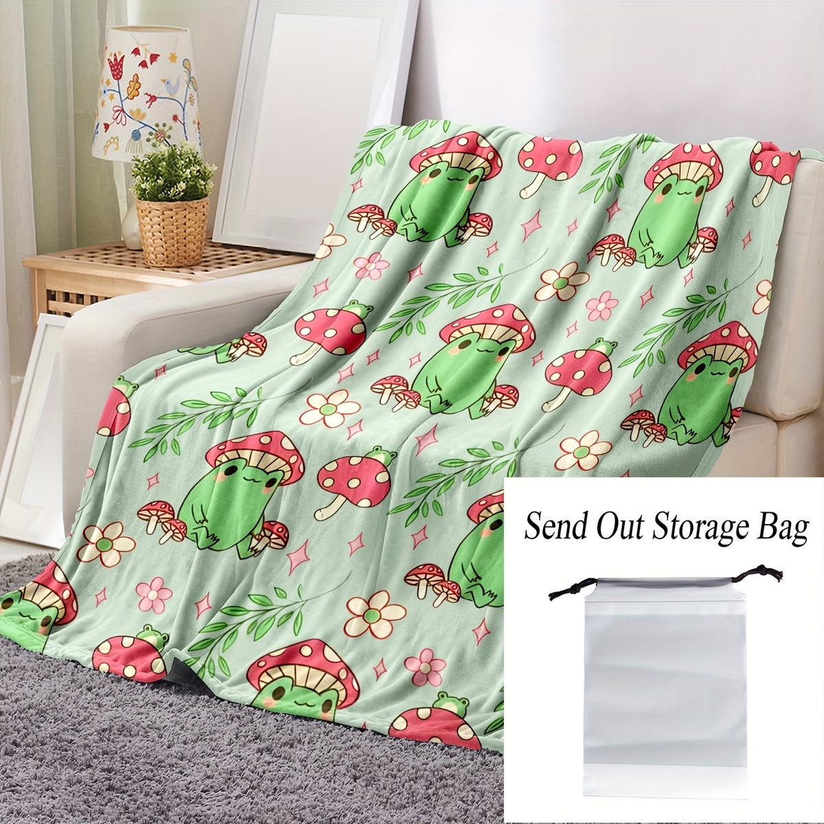 Soft & Cozy Frog & Mushroom Print Flannel Blanket Suitable for Naps, Office, Travel - Cute Frog & Mushroom, Soft Flannel, Compact Portable Cover, Ideal Gift for &