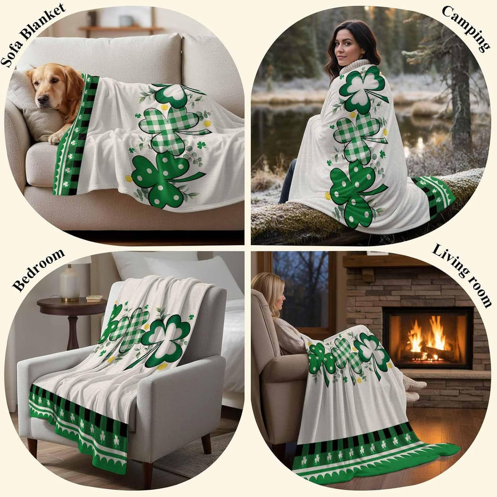 Flannel Flannel Blanket St. Patrick's Day Spring Lucky Shamrock Plaid Vintage Thin Soft Warm Cozy Throw for Home Sofa Travel Camping Couch Picnic Eucalyptus Leaf 30x40in