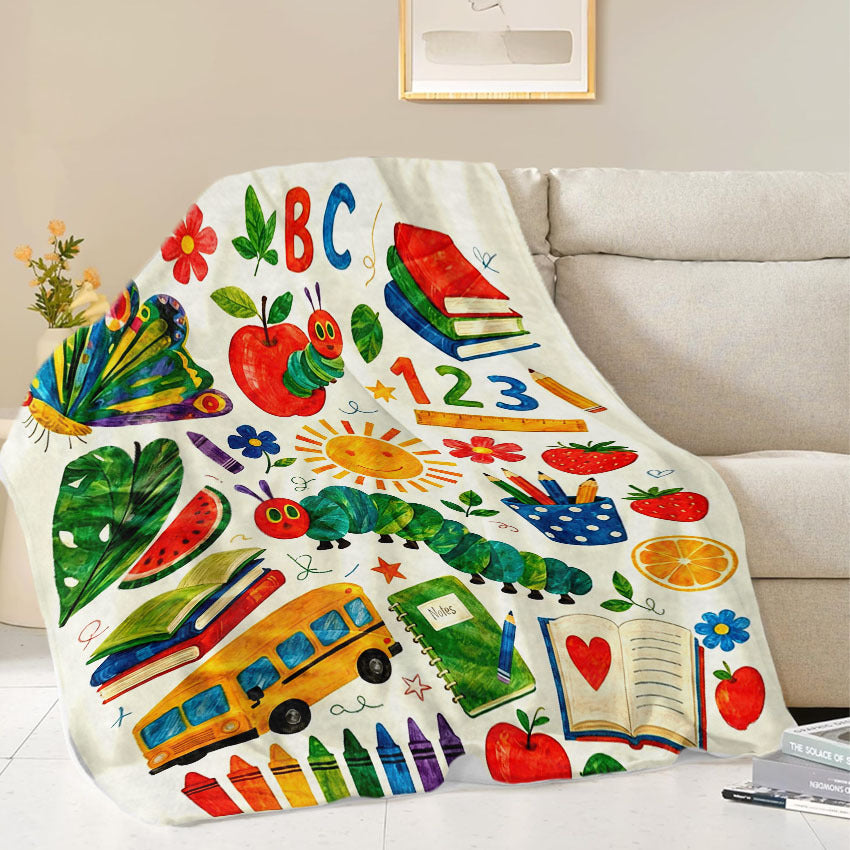 for CATERPILLAR 2D Watercolor Cartoon Print, Featuring Caterpillars with Butterfly, Vegetables, Fruits, Stationery, School Bus, and Sun Elements, Fresh Cartoon Style, Portable Home Blanket¡ªLightweight Sofa Bed Blanket for Travel, Camping