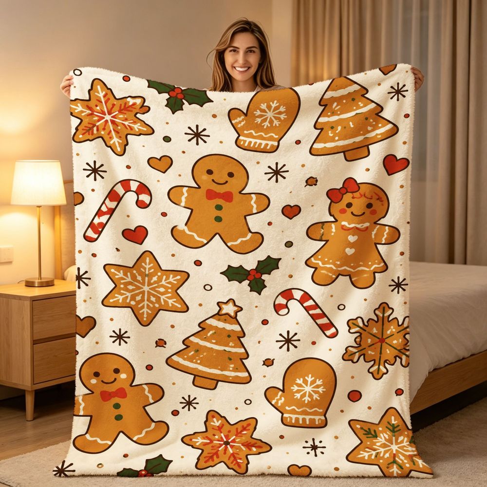 1pc Gingerbread for Man and Christmas Tree Beige Themed Flannel Large Blanket, Winter Holiday Decorative Design, Large Plush Throw Blanket, Suitable for Home Naps, Reading Time, and Living Room Sofa Cover
