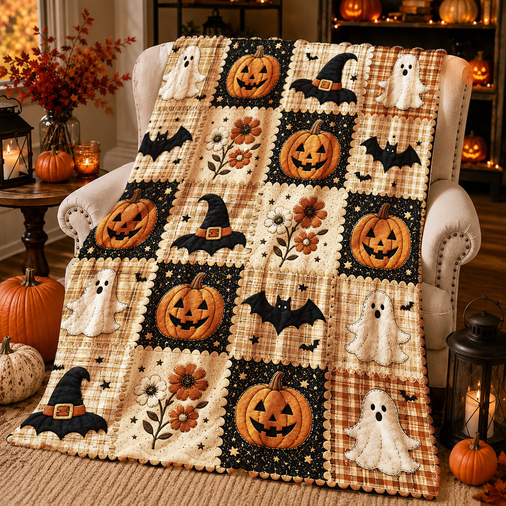 1pc Vintage Country Style Halloween Flannel Blanket, Cream-colored Plaid Pattern with Jack-o'-Lantern, White, Black Bat, and Autumn Floral Patchwork Style Print, Cozy 2D Bedspread, Suitable for Bedroom, Sofa, Bed, and Fall Home Decor