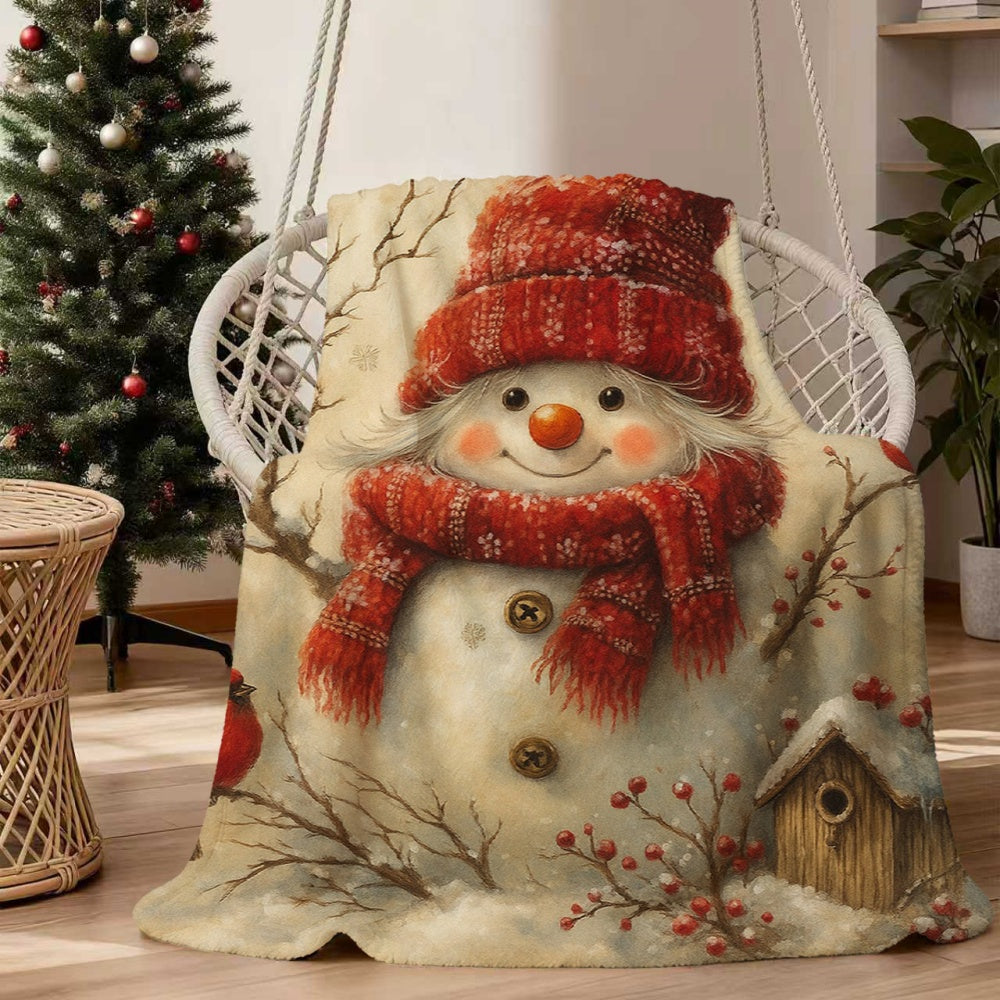 1pc, 2D Flat Snowman and Bird Winter Christmas Themed Flannel Blanket, Soft, Comfortable, and Warm, Red-Brown Beige Design, Durable Plush Surface, Suitable for All Seasons, Warm Throw Blanket, Suitable for Home Naps, Reading Time, Dorm Life, 2D Flat