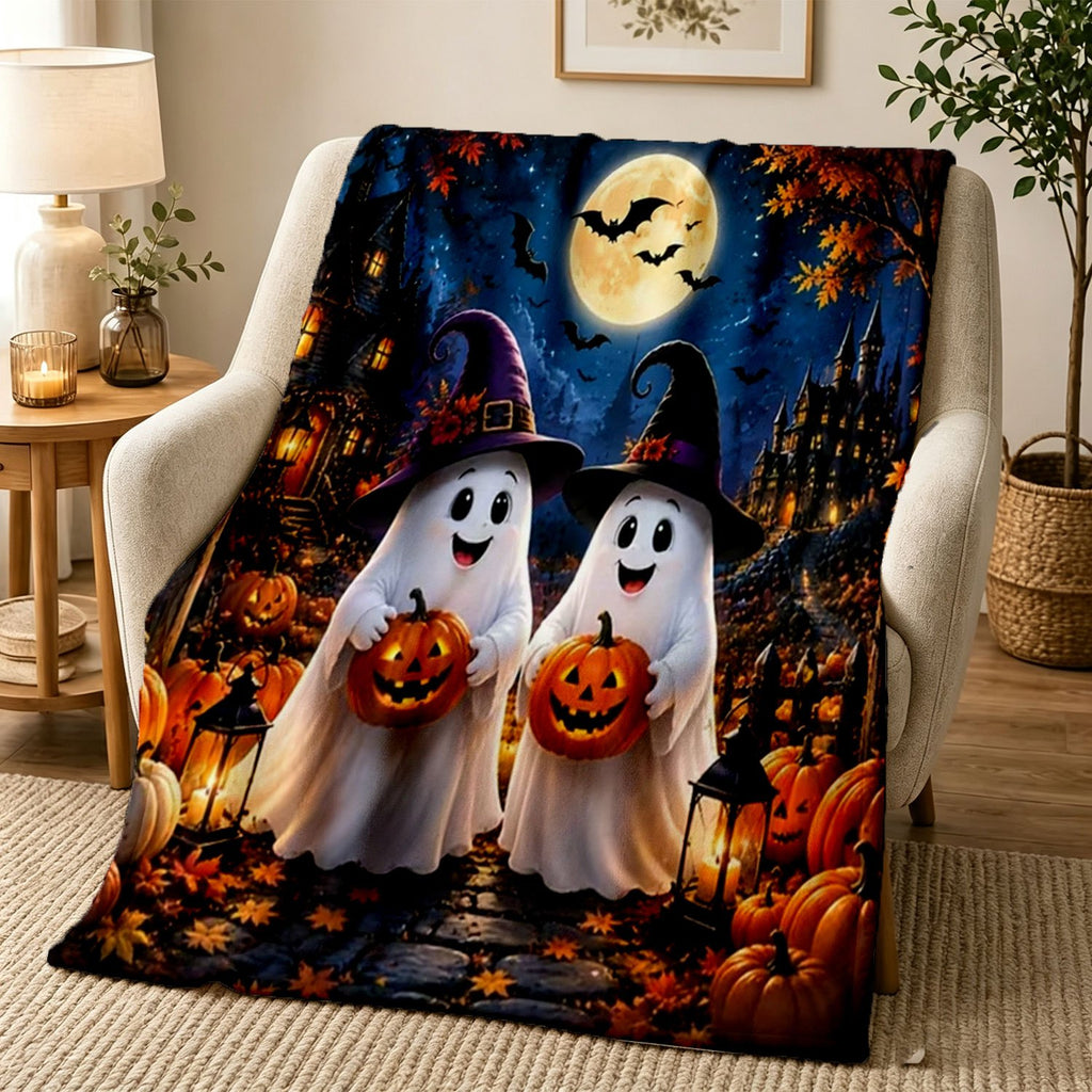 1pc Halloween Fleece Blanket, Soft Comfortable Throw Blanket with Pumpkin Ghost Bat Moon Pattern, Suitable for Office, Sofa, Living Room, Warm Decorative Item, Home Holiday Decor Gift