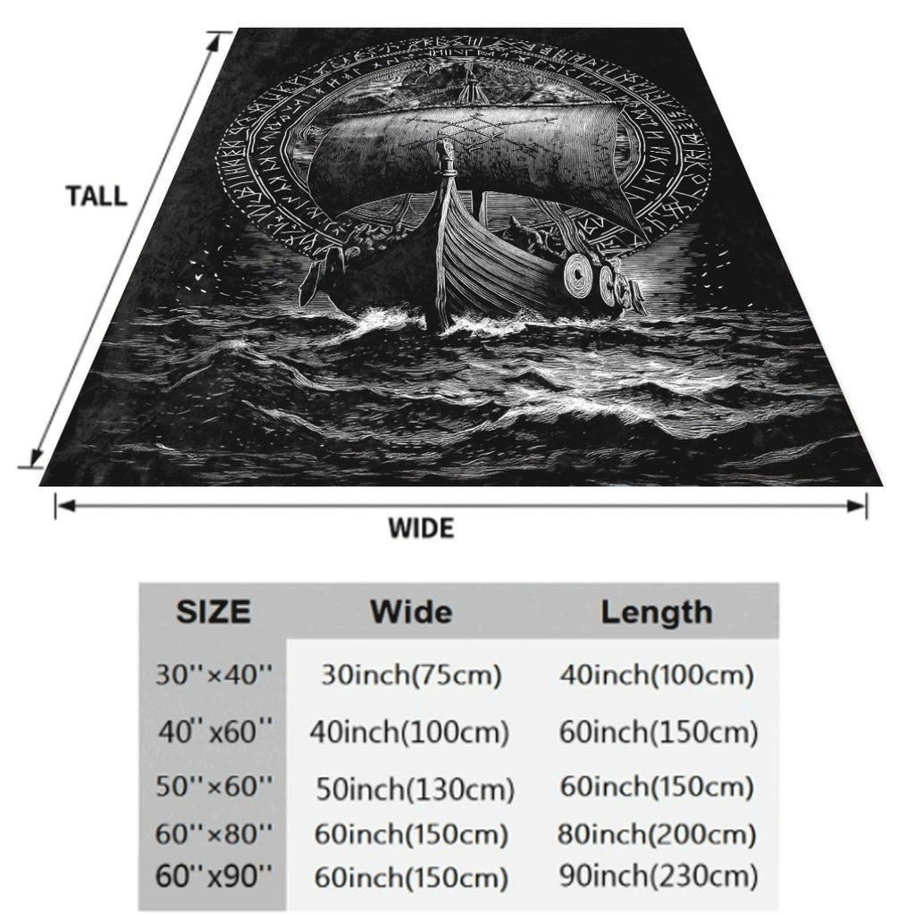 1pc Viking Longship with Runes Black White Engraved Soft Flannel Blanket Dark Norse Style Nautical Decor Throw for Couch Cozy Fleece Fabric All-Season Warm Cover