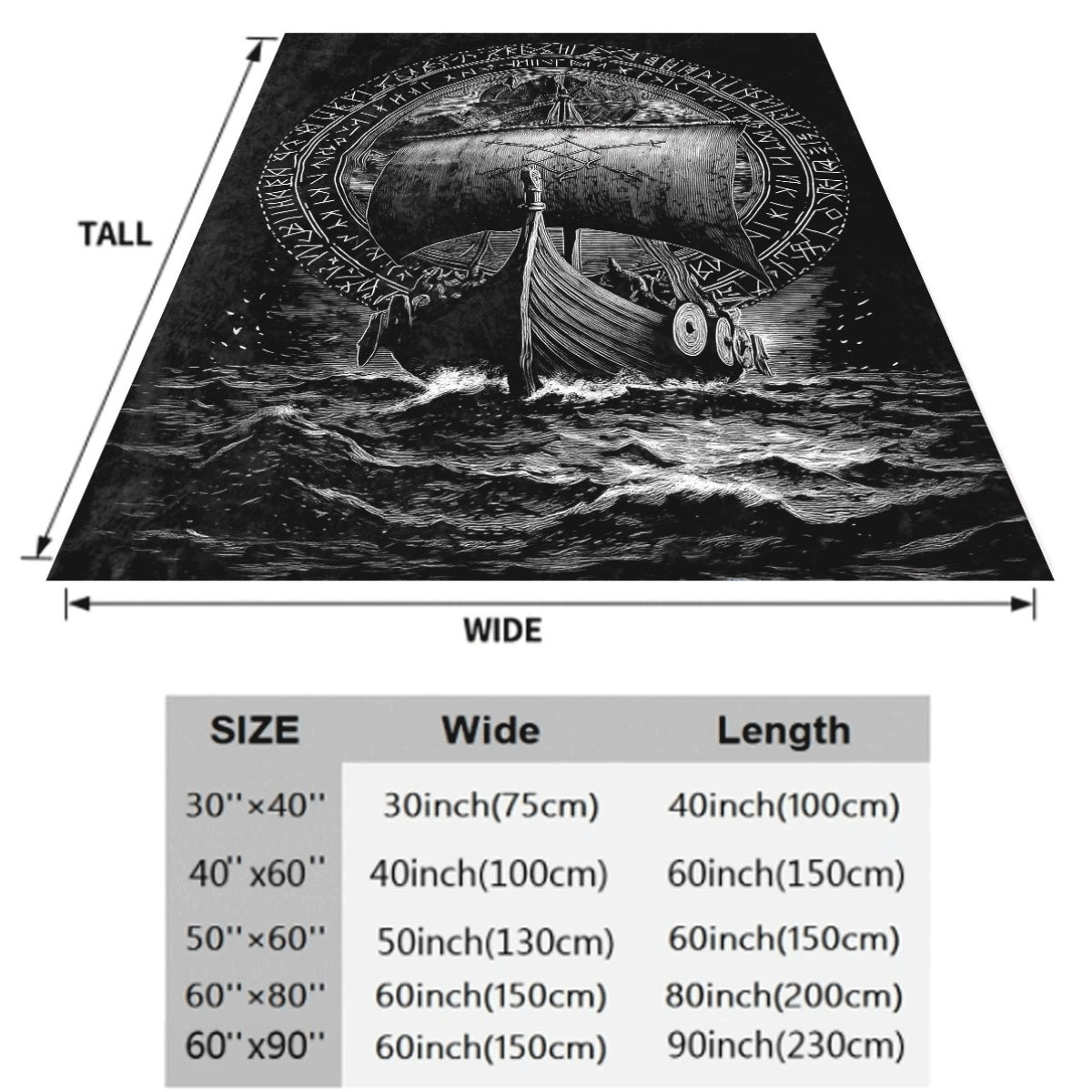 1pc Viking Longship with Runes Black White Engraved Soft Flannel Blanket Dark Norse Style Nautical Decor Throw for Couch Cozy Fleece Fabric All-Season Warm Cover