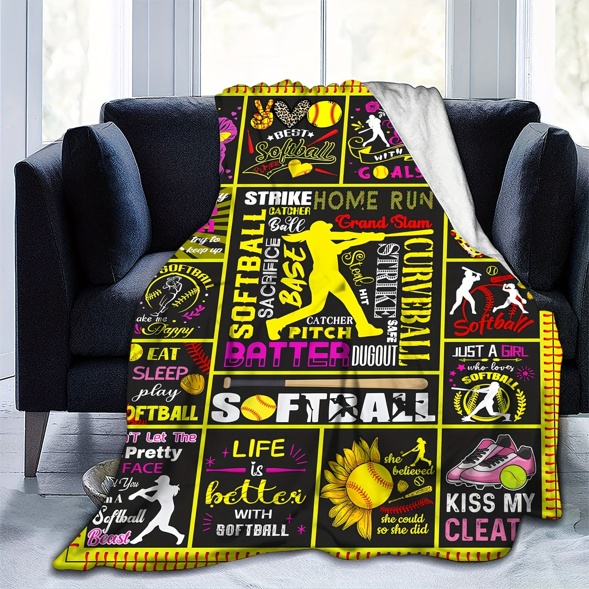 1pc Ultra-Soft & Warm Reversible Flannel Softball Blanket - Cozy Throw for Softball Fans, Perfect Gift for Girls, Boys & Adults - Vibrant Champagne with Playful Softball Designs, Sports Fan Gift | Reversible Blanket | Flannel Fabric