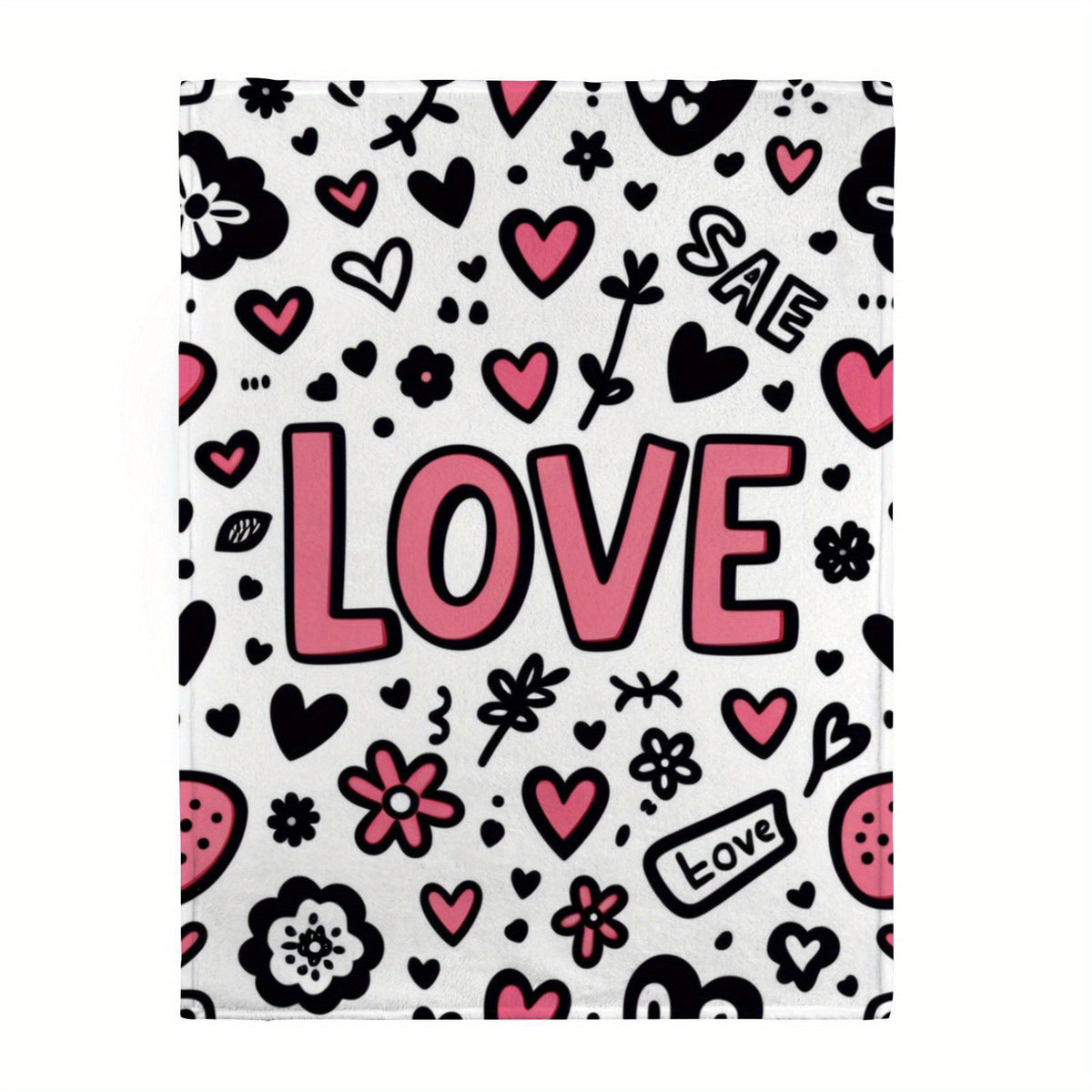 Couples' Cozy Flannel - Soft Pink & Black Love & Hearts Print All-Season Suitable for Romantic Nights, Valentine's Gift, Winter Warmth - Durable & Easy-Care for Sharing, Contemporary for Cold Nights, Christmas