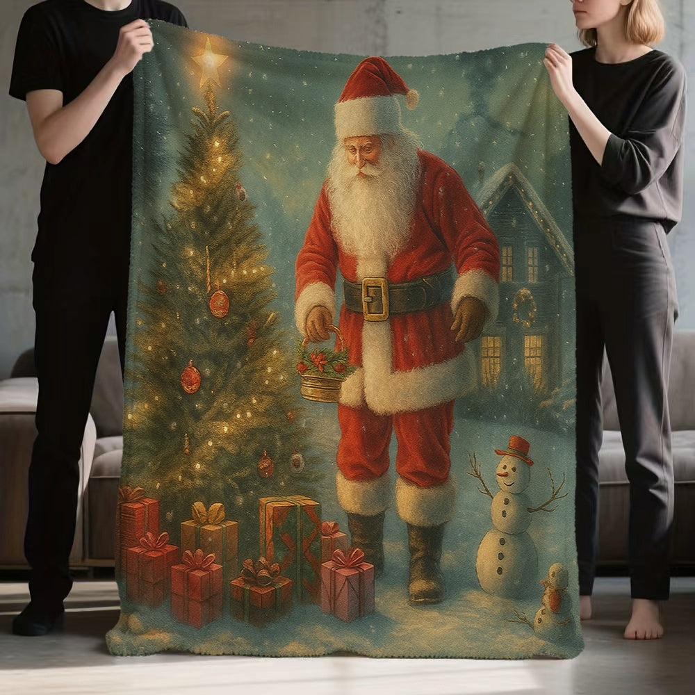 1pc, 2D Flat Santa Claus And Christmas Tree Theme Flannel Blanket, Soft Comfortable Warm, Red And Green Festive Design, Durable Plush Surface, All Seasons, Warm Throw Blanket, Suitable for Reading Time, Dorm Life, Weekend Sofa Nap