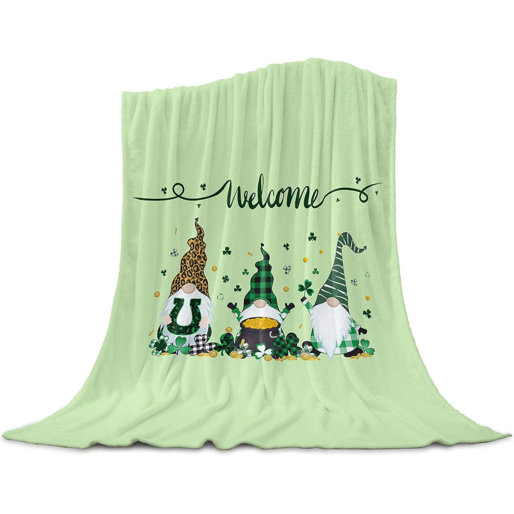 Throw Blanket Shamrock Gnomes St. Patrick's Day Blanket Spring Holiday Decorations Green Check Plaid Golden Coin Lightweight Soft Warm Cozy Blanket and Throws for Couch Bed Sofa 40x50