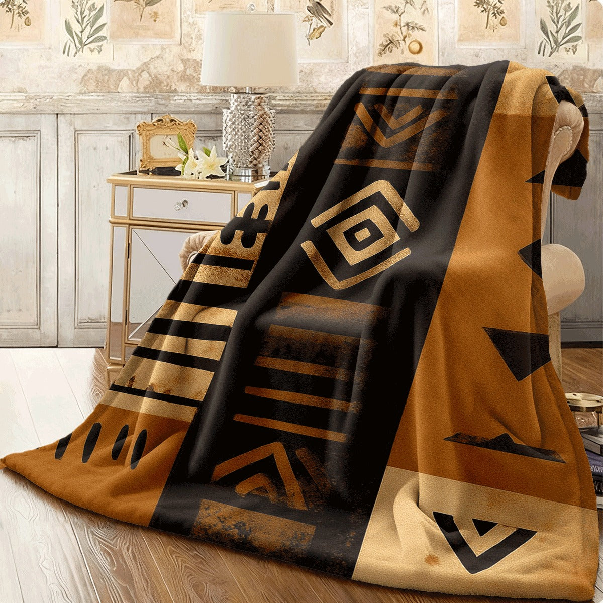 1pc a Blanket Printed on One Side, Inspired by an African Tribe, Showcasing Geometric Designs in Black, Brown, And Beige. Ideal for Camping, Home Use, Dormitories, And Travel, It Is Soft And Warm for Every Season