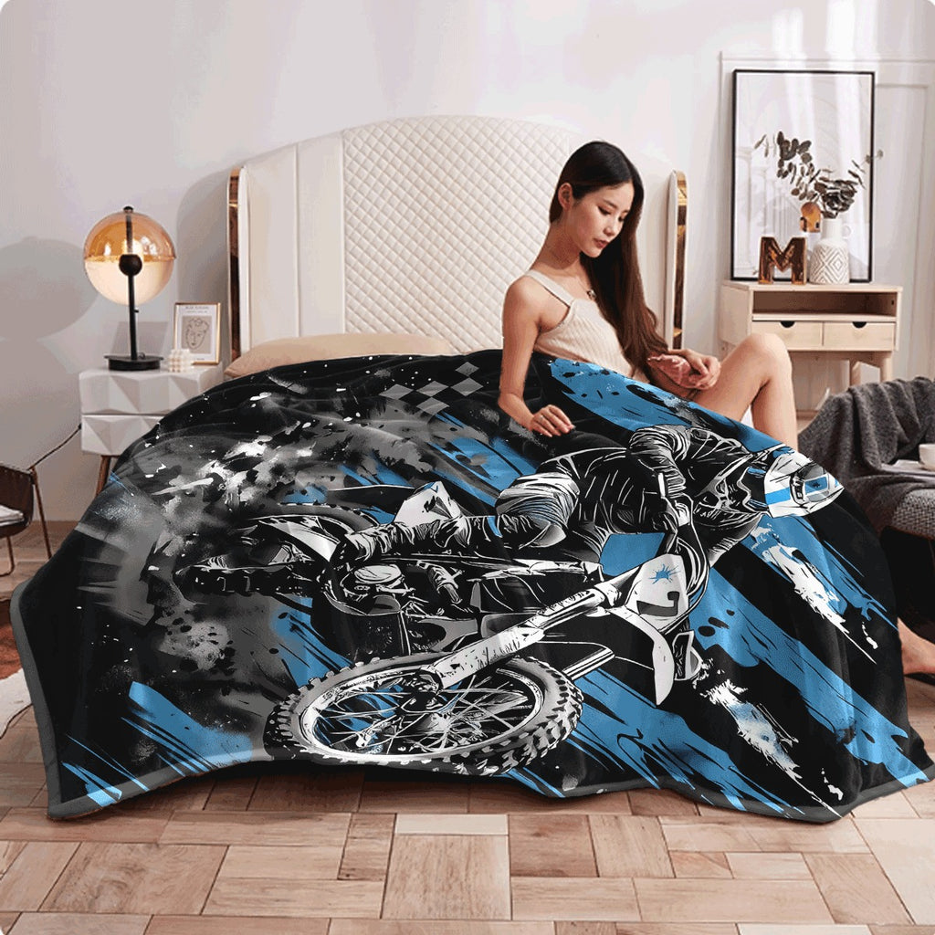 Flannel Blanket ? Single Piece ? Motorcycle Lovers Design ? Cozy Fleece Material ? Vibrant Motocross Rider & Dirt Bike Graphics ? Black, Blue, White, Gray Splashes ? Ideal for Home Decoration, Camping, Travel