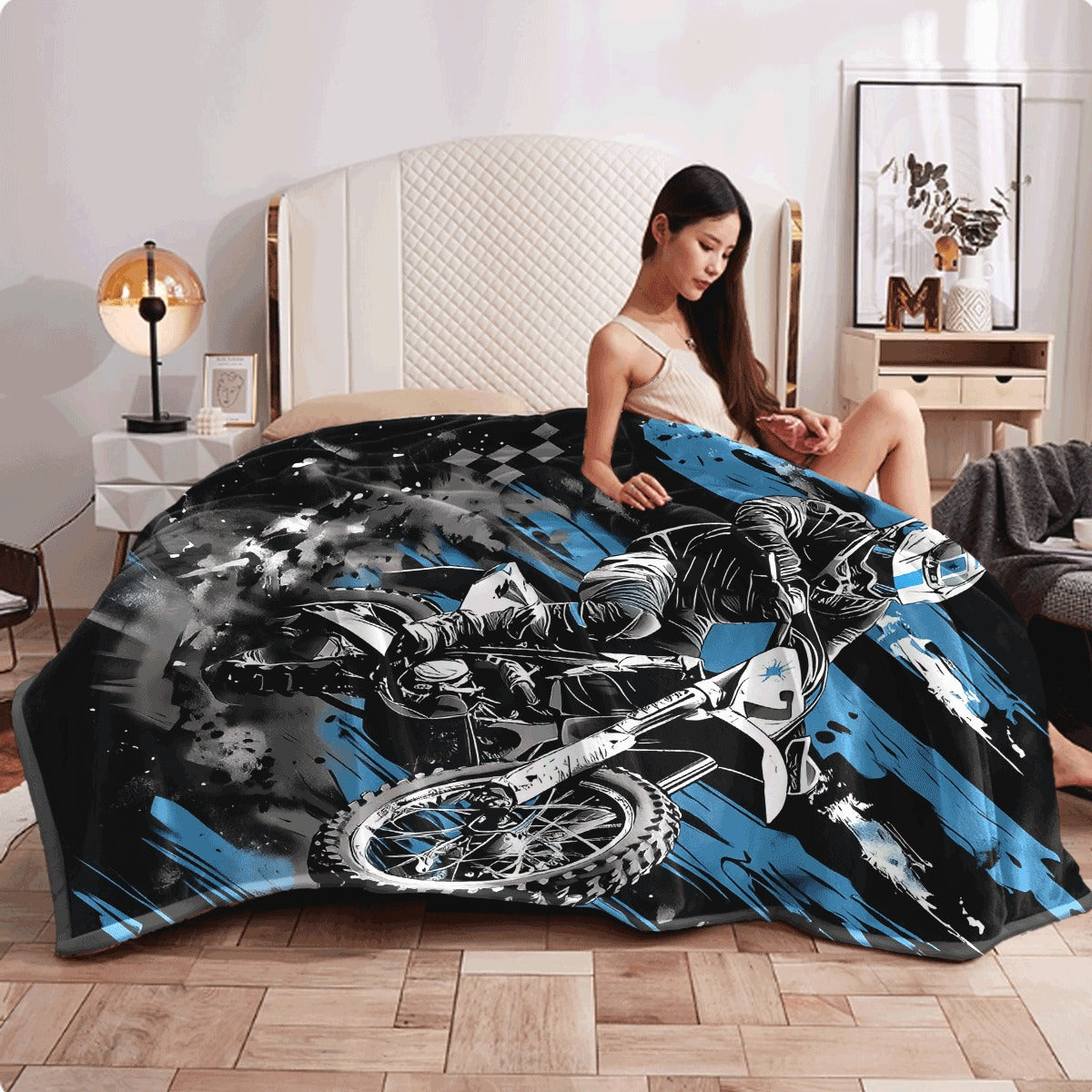 Flannel Blanket ? Single Piece ? Motorcycle Lovers Design ? Cozy Fleece Material ? Vibrant Motocross Rider & Dirt Bike Graphics ? Black, Blue, White, Gray Splashes ? Ideal for Home Decoration, Camping, Travel