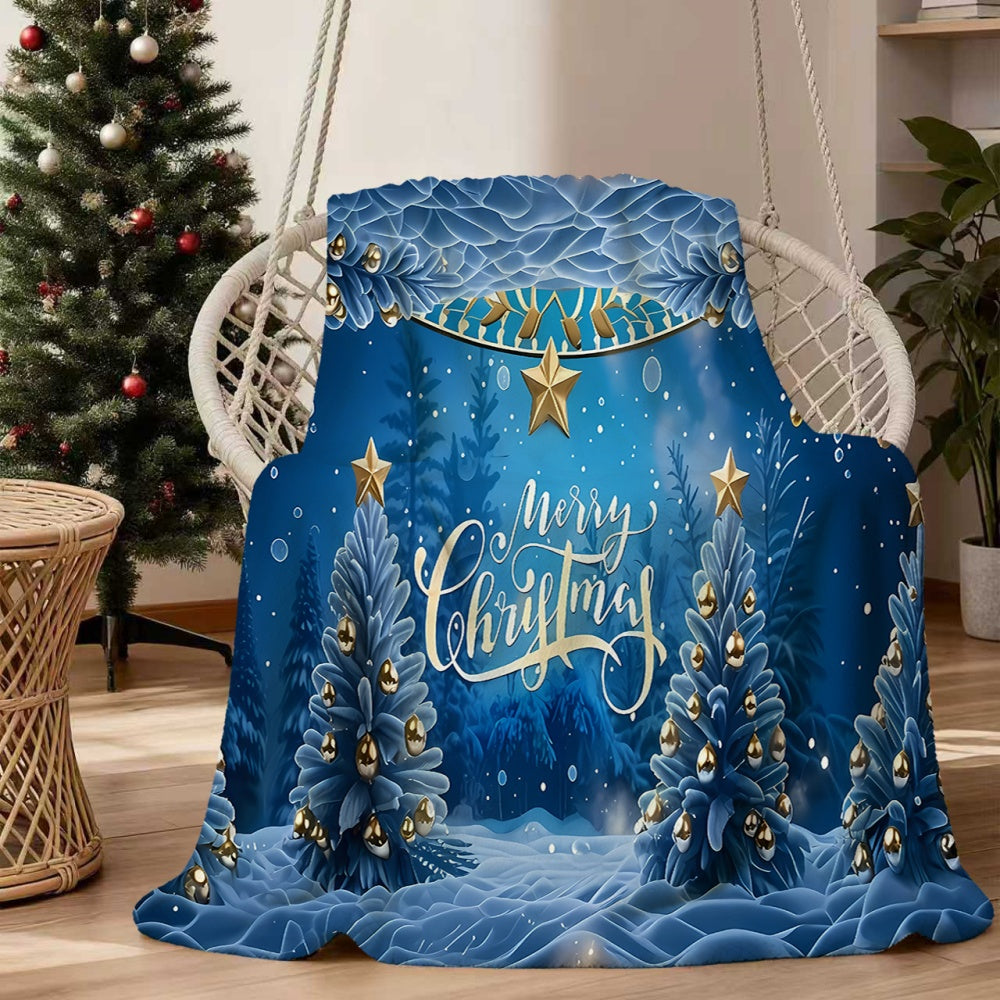 1pc Christmas Blue Pine Tree And Golden Star Pattern Flannel Blanket, Soft Comfortable Warm, Deep Blue Main Color Design, All-Season Sofa Blanket, Warm Cover, Multiple Sizes Available, Suitable for Living Room Sofa, Bedroom, Reading Corner