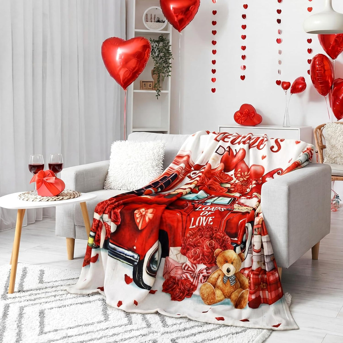 Breling Happy Valentine's Day Throw Flannel Blanket Red Truck Heart Cozy Fuzzy Warm Throw Blanket with Valentine's Themed Print Gift for Couch Sofa Bed Home Decor 60x50