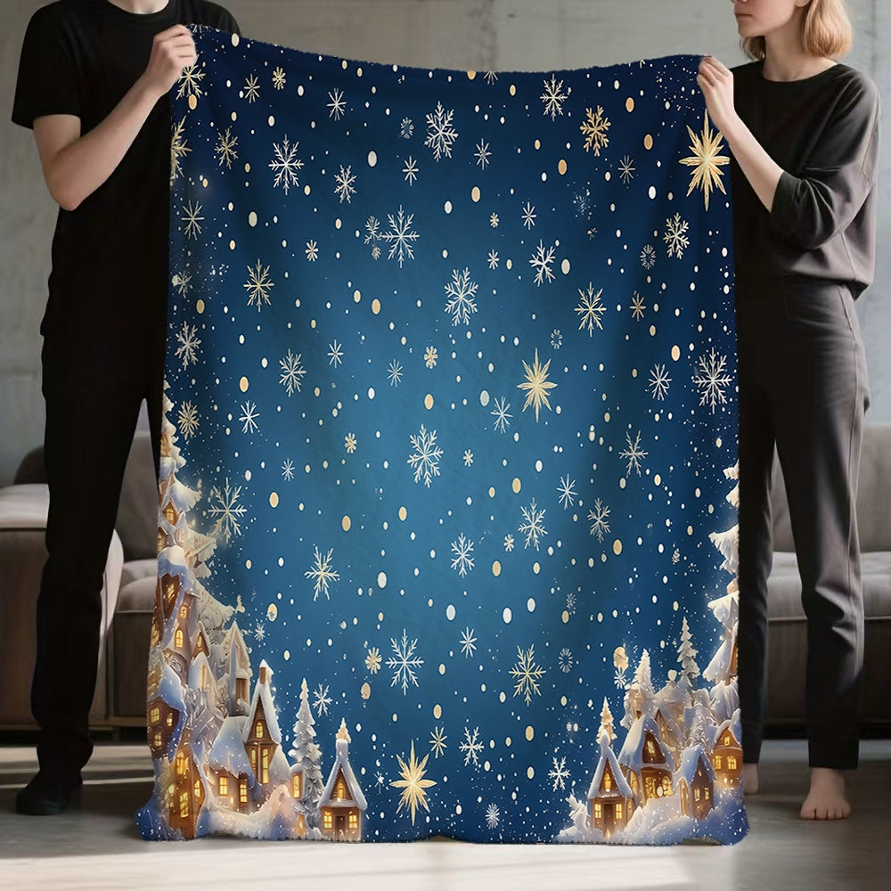 1pc Christmas Snowflake and Cottage Pattern Blue Gradient Flannel Blanket, Soft, Comfortable, and Warm, Winter Design, All-season Universal Sofa Throw, Warm Lap Blanket, Multiple Sizes Available, Suitable for Living Room Sofas, Bedroom