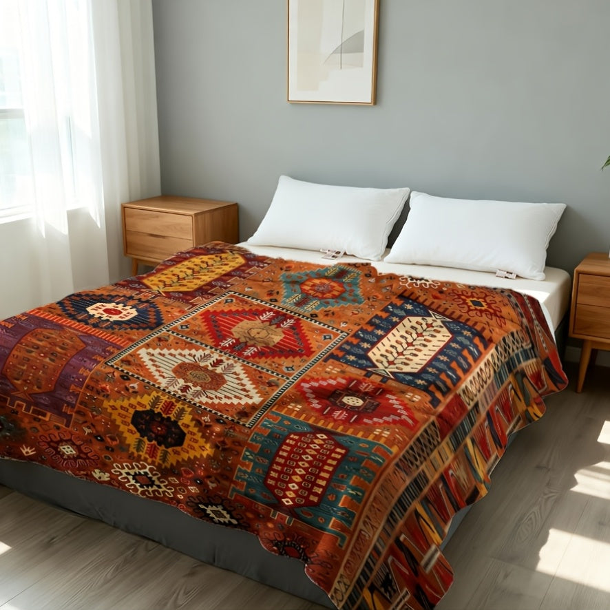 A Bohemian Geometric Patterned Fleece Blanket - Suitable for All Seasons, Soft And Warm, Perfect for Camping, Travel, Car, And Office Use - Machine Washable, Comfortable Home Decor, Vibrant Colors, Exquisite Pattern Craftsmanship, Modern Style