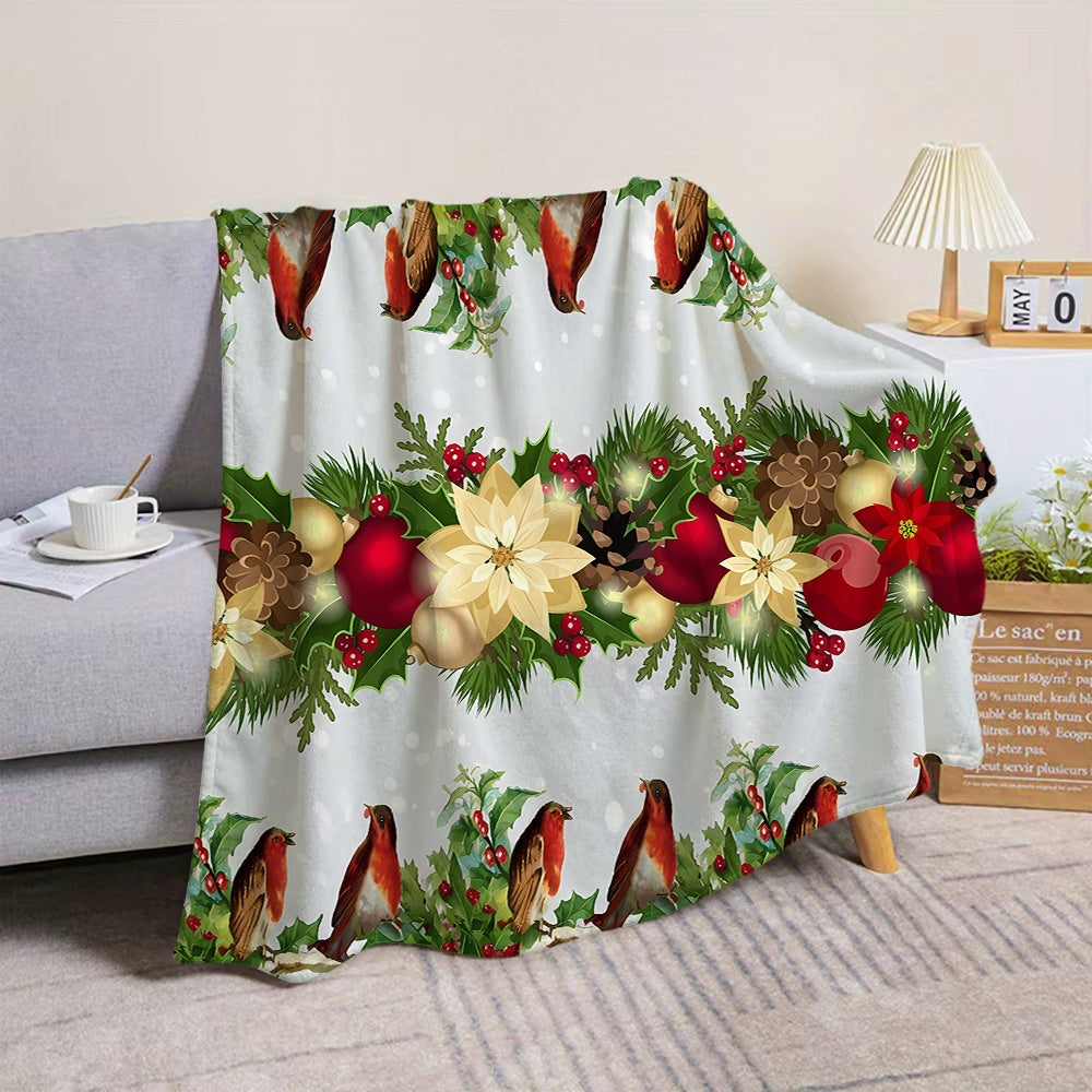 1pc Christmas Red Bird and Wreath Pattern Flannel Blanket, Soft, Comfortable, and Warm, with a White Base and Festive Design. A Four-season Universal Sofa Throw and Warm Cover Blanket, Available in Multiple Sizes. Suitable for Living Room Sofas